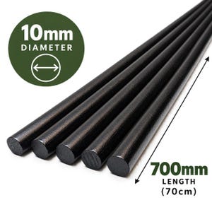 May include: Five black cylindrical rods arranged in parallel. Each rod has a 10mm diameter and a 700mm length. The image includes text labels indicating 10mm diameter and 700mm length, which is equivalent to 70cm, clearly marked with arrows.