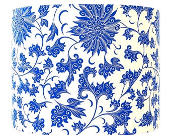 Blue and White Floral Drum Lampshade, Cobalt Blue Chinoiserie Lamp Shade, Grandmillennial Decor, Handmade Statement Lampshade