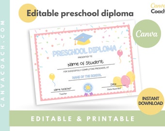 Diploma de preescolar editable, Diploma de preescolar, Certificado de preescolar, Recursos para maestros, Plantilla de certificado personalizable, Plantilla Canva