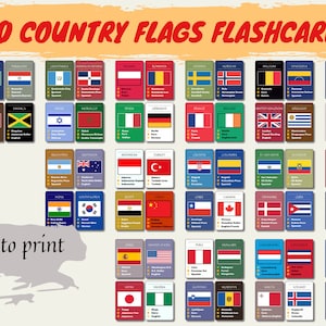 May include: A set of 60 printable flashcards featuring flags from different countries. Each card includes the country's flag, name, and language. The text "Ready to print" is at the bottom of the image.