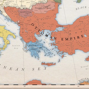 May include: A map depicting the Ottoman Empire in the 16th century. The map shows the empire's vast territory, which stretched from the Balkans to North Africa and the Middle East. The map is colored in shades of red, orange, and yellow, with the Ottoman Empire highlighted in red. The map also includes the names of various countries and regions, such as Greece, Egypt, and the Black Sea.