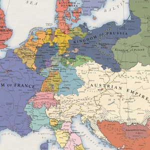 May include: A vintage-style map of Europe in the 18th century, showing the borders of various kingdoms and empires. The map is colored in shades of blue, green, yellow, orange, and red. The map includes text labels for each country, such as "Kingdom of France", "Austrian Empire", and "Kingdom of Prussia".
