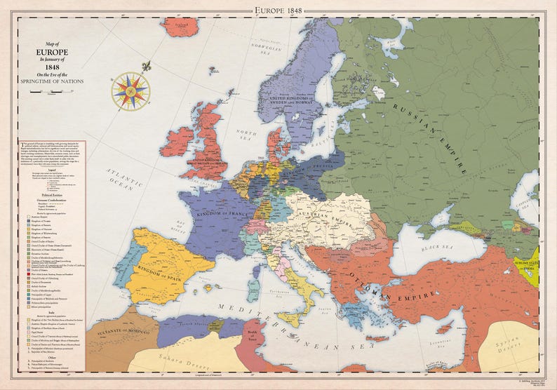May include: A vintage map of Europe in 1848, showing the political boundaries of the time. The map is titled "Europe 1848" and "On the Eve of the Springtime of Nations". The map is in a light beige color with various shades of green, blue, yellow, red, and pink to represent the different countries. The map includes the names of countries and seas, such as "Russian Empire", "Ottoman Empire", "Mediterranean Sea", and "Black Sea".