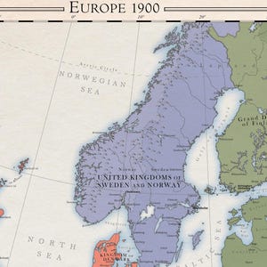 May include: A vintage map of Europe in 1900, showing the United Kingdoms of Sweden and Norway, the Grand Duchy of Finland, and the Kingdom of Denmark. The map is in shades of blue, green, and brown.