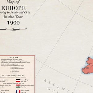 May include: A vintage map of Europe from the year 1900, showing the political boundaries and major cities. The map is in shades of red, blue, and green, with a legend explaining the different colors and symbols.