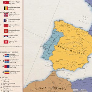 May include: A map of Europe in the 18th century, showing the borders of the various kingdoms and principalities. The map is colored in shades of blue, yellow, and green. The text on the map includes the names of the countries and their populations. The map also includes a key that explains the different colors used on the map.