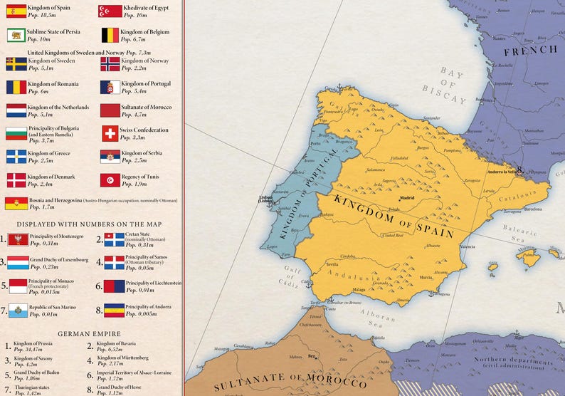 May include: A map of Europe in the 18th century, showing the borders of the various kingdoms and principalities. The map is colored in shades of blue, yellow, and green. The text on the map includes the names of the countries and their populations. The map also includes a key that explains the different colors used on the map.