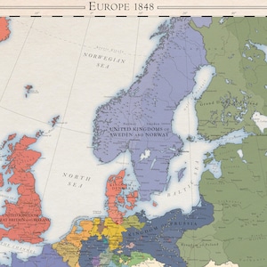 May include: A vintage map of Europe in 1848, showing the political boundaries of the time. The map is in a light brown color with blue, green, and red accents. The map includes the text "EUROPE 1848" at the top.
