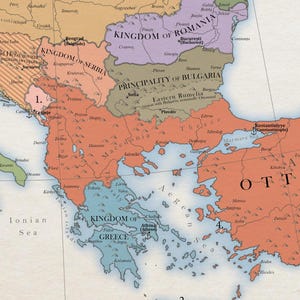 May include: A map of the Balkan Peninsula and surrounding areas in the late 19th century, showing the borders of the Kingdom of Serbia, Kingdom of Romania, Principality of Bulgaria, Kingdom of Greece, and the Ottoman Empire. The map is labeled with the names of the countries and cities.