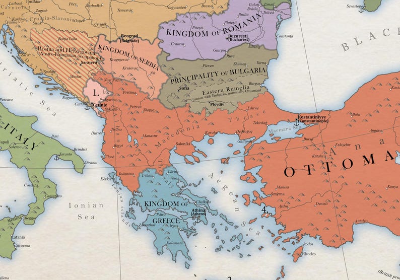 May include: A map of the Balkan Peninsula and surrounding areas in the late 19th century, showing the borders of the Kingdom of Serbia, Kingdom of Romania, Principality of Bulgaria, Kingdom of Greece, and the Ottoman Empire. The map is labeled with the names of the countries and cities.