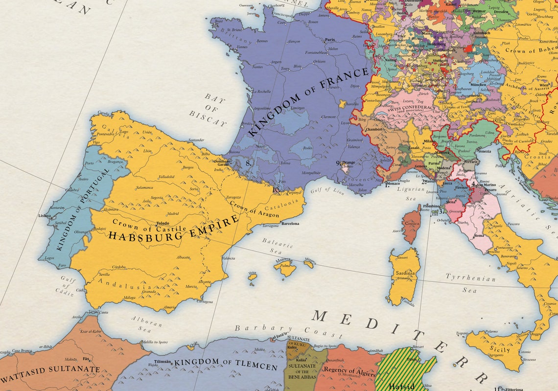 Europe 1550, Historical Map Etsy