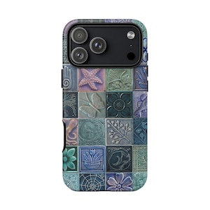 May include: A phone case with a mosaic tile design. The case features a variety of embossed tiles in shades of blue, green, and purple. The tiles depict a starfish, butterfly, flowers, and other nature-inspired elements.