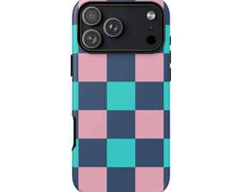 Funda para teléfono con estampado de cuadros rosa y turquesa para iPhone 17 16 15 14 Pro Max, Samsung Galaxy y Google Pixel (estilo retro Y2K).