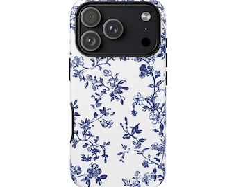 Funda de teléfono Blue Toile de Jouy iPhone 17 16 15 14 Pro Max Samsung Galaxy Google Pixel Floral Vintage