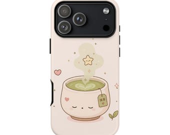 Funda para móvil Kawaii Matcha, funda con estética de té verde, funda suave y acogedora de color crema japonés, regalo original con diseño de arte latte.