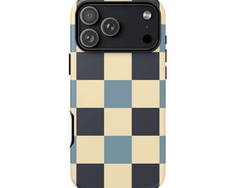 Funda para teléfono con estampado a cuadros azul marino y crema para iPhone 17 16 15 14 Pro Max, Samsung Galaxy, Google Pixel, estilo preppy costero.