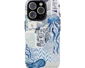 Funda para teléfono con diseño de collage oceánico para iPhone 17, 16, 15, 14 Pro Max, Samsung Galaxy y Google Pixel. Estética azul costera.