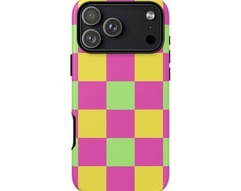 Funda para teléfono con estampado de cuadros neón para iPhone 17 16 15 14 Pro Max, Samsung Galaxy, Google Pixel. Estilo retro y divertido.