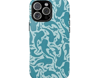 May include: A light blue phone case with a pattern of teal whale sharks. The case has a cutout for the camera lens.