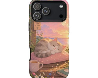 Funda para teléfono con diseño de gato durmiendo para iPhone 17 16 15 14 Pro Max, Samsung Galaxy, Google Pixel, estética atardecer kawaii