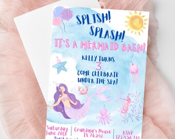 Mermaid Birthday Invitation Girl | Editable Under the Sea Invite | Splish Splash Pool Party | Instant Download | Canva Template