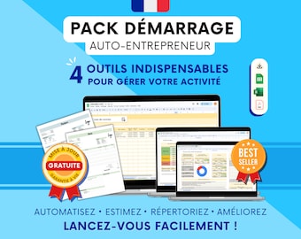 PACK COMPLET DÉMARRAGE | Comptabilité Auto-Entrepreneur Google sheets fr, taxes, impôts, cotisations urssaf, devis, facture, tarifs