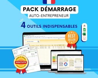 PACK COMPLET DÉMARRAGE | Comptabilité Auto-Entrepreneur Google sheets fr, taxes, impôts, cotisations urssaf, devis, facture, tarifs