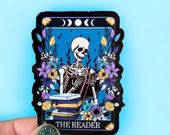 The Reader Sticker: Tarot Card Skeleton ‘The Reader’, The Reader Kindle decal, Laptop decal, Bookish Sticker, Kindle Case Tarot Sticker
