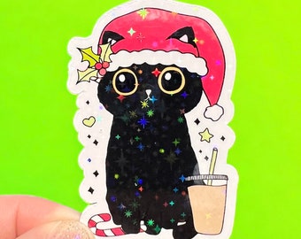 Holiday Kawaii Kitty Iced Coffee Holographic Sticker | Christmas Sticker | Cute Kitty | Festive