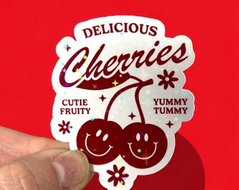 Kawaii Style Cherries Holographic Sticker, Trendy Sticker, Kindle Decal, Aesthetic