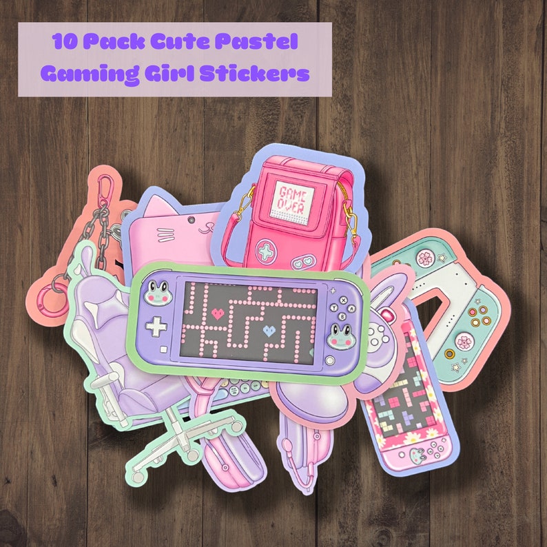May include: A collection of ten pastel-colored stickers with a gaming theme. The stickers feature various gaming-related designs, including a handheld console, a gaming chair, and a pink game console with the text "GAME OVER". The text "10 Pack Cute Pastel Gaming Girl Stickers" is at the top.