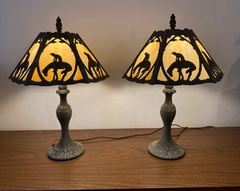 PAIR of "End of the Trail" Table Lamps With Six Panel Slag Glass Shades (Vintage, Rare)