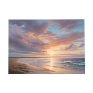 May include: A painting of a beach scene with a sunset over the ocean. The sky is a mix of pink, orange, and blue with fluffy clouds. The water is a light blue and the sand is a light brown.