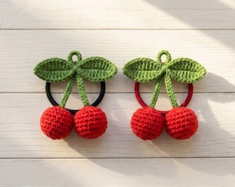 Handmade Crochet Cherry Hair Ties - Set of 2 Pigtail Elastics - Red, Beige, or Mixed Pair - Toddler Boutique Accessories