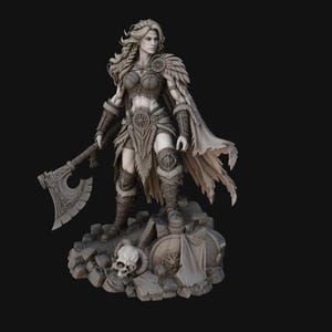 May include: A monochromatic beige figurine of a warrior standing on a rocky base with a skull and shield. The figure wears armor, a fur-lined cape, and holds a large battle axe in the right hand. The design features intricate textures and details.