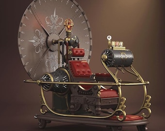 Può includere: Una complessa sedia meccanica caratterizzata da un grande pannello posteriore circolare con motivi in filigrana bianca, rivestimento in pelle rossa trapuntata, struttura in metallo color ottone e vari componenti cilindrici con lampadine luminose.