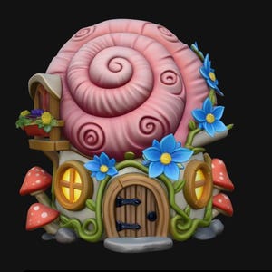 Può includere: Una statuetta decorativa a forma di casa all'interno di una grande conchiglia di lumaca rosa. La struttura presenta una porta in legno, due finestre gialle illuminate, funghi rossi con macchie bianche e fiori blu brillanti con centri gialli.