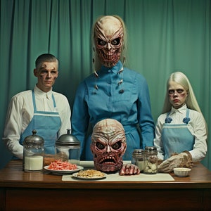 Art print &quot;Mise-en-Place&quot;- Dark Surreal Horror Art Print - Macabre Family Dinner Scene - Creepy Gothic Wall Decor  - Alternative Art