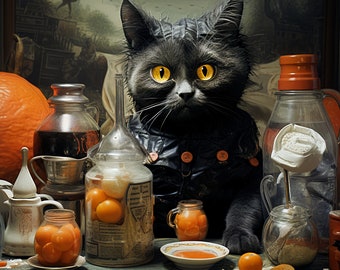 Surreal, weird, quirky artwork, original art entitled "The Alcatmist". Digital print, surreal cat poster. Strange artwork.