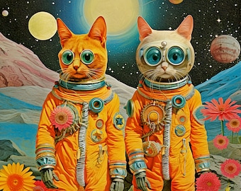 Art print entitled "Lollapalooza", Cats in space, Cat art, Cat collage, Quirky cat print, Cat astronauts.