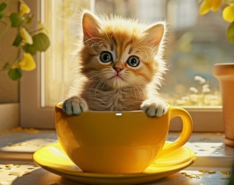 Cupful of Cuteness art print, Teacup Kitten Print, Cat Tea Print, Kitten Kitchen Art, Cat in Mug Art Print, Cute kitten print