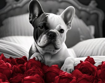 Frenchie. Cute French bulldog wall art, Frenchie art print, Frenchie poster, French bulldog with roses picture, Cute Frenchie gift