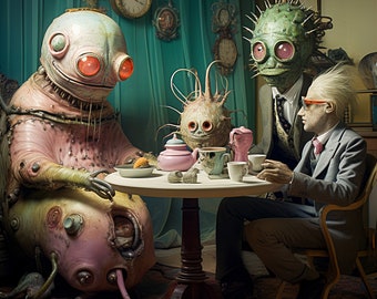 Afternoon Tea. Surreal, weird, quirky artwork, original art, digital print, surreal poster. Strange artwork.