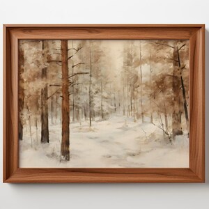 Peut inclure: Une peinture à l'aquarelle encadrée représentant une scène de forêt enneigée. Les arbres sont bruns et la neige est blanche. La peinture est dans un cadre en bois.