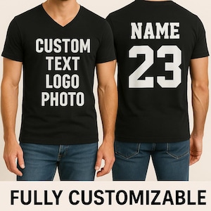 T-shirt homme personnalisé avec col en V, imprimé recto-verso de votre texte, logo ou photo | T-shirt imprimé personnalisé entièrement personnalisable