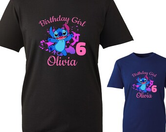 Camiseta divertida personalizada de Stich para niña de cumpleaños, personaliza tu nombre, celebración de cumpleaños, camiseta Unisex para niños y adultos