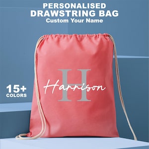 Personalised Drawstring Bag with Name, Custom Cotton PE Bag, Printed School Gym Sack, Kids Swim Bag, Custom Drawstring Bag, Name Bag