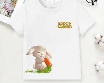 Camiseta feliz de Pascua conejito comiendo zanahoria Margarita blanca estampado Floral huevos de Pascua regalos Unisex adultos niños camiseta superior