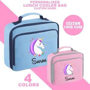 Lancheira de unicórnio personalizada com nome personalizado, bolsa térmica para meninas, lancheira escolar, lancheira mágica para crianças