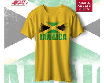 Haut de t-shirt drapeau jamaïcain en détresse, cadeau sport jamaïcain. Chemise de la Jamaïque pour adultes et enfants. T-shirt patriotique jamaïcain. J'adore la Jamaïque.